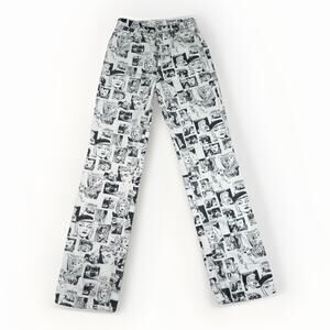 REFORMATION JEANS Women Size 24 Button Fly Comic News Print Straight Black White